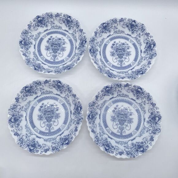 Set 4 Arcopal France HONORINE Coupe Cereal Soup Bowls 7" Blue & White Scalloped - Picture 2 of 8